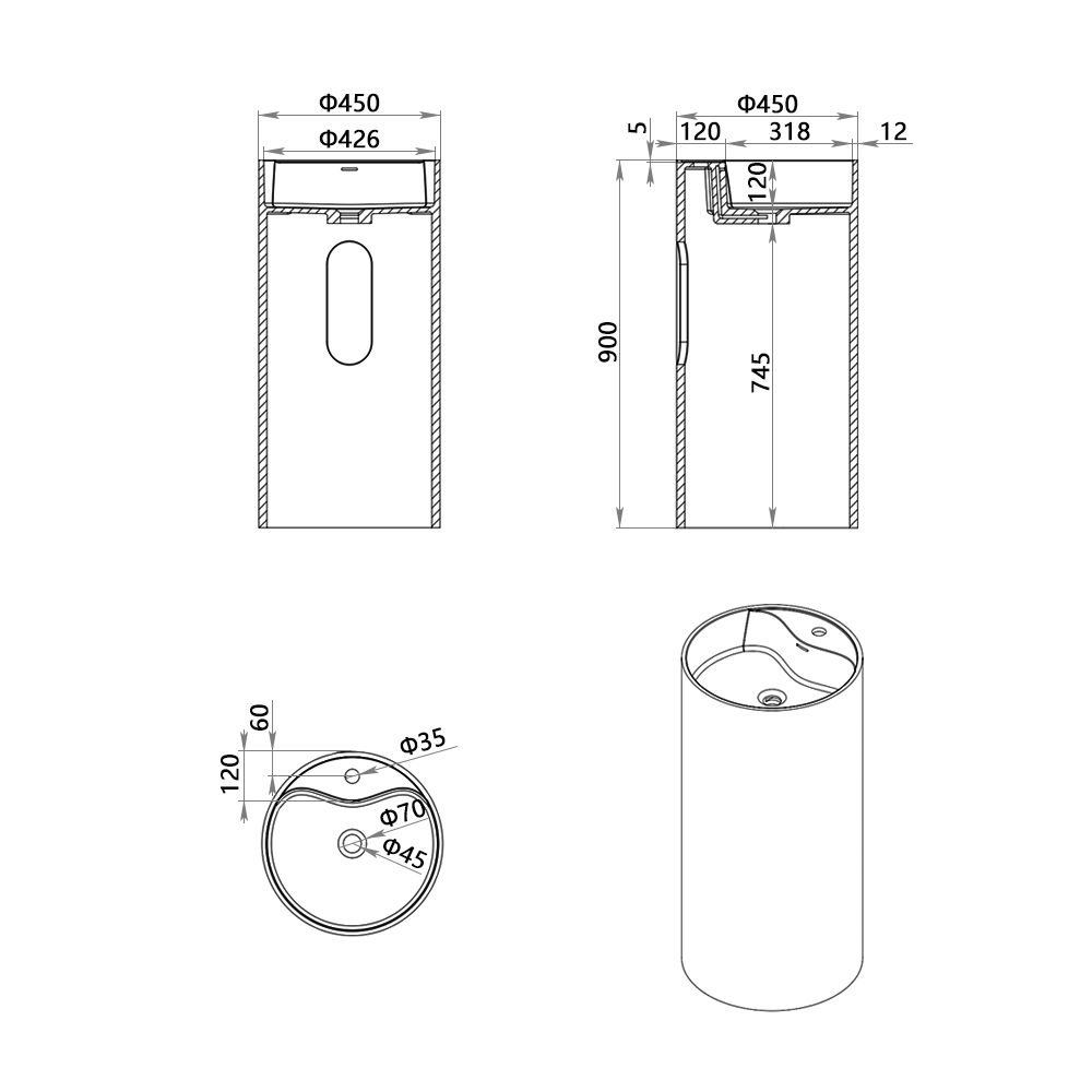 KT-6103 Cylinder-shaped Stand Alone Wash Basin With Tap Hole