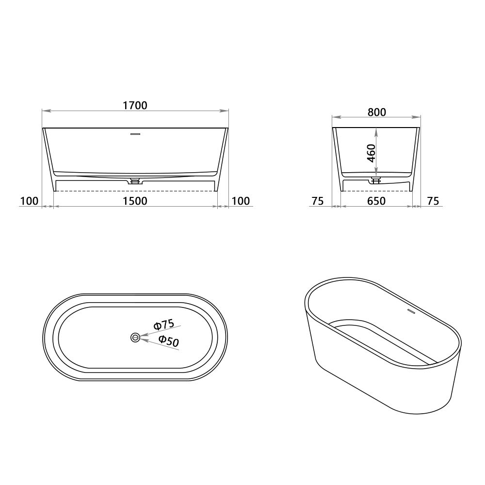 KT-8107 Racetrack Shape Resin Stone Freestanding Bathtub