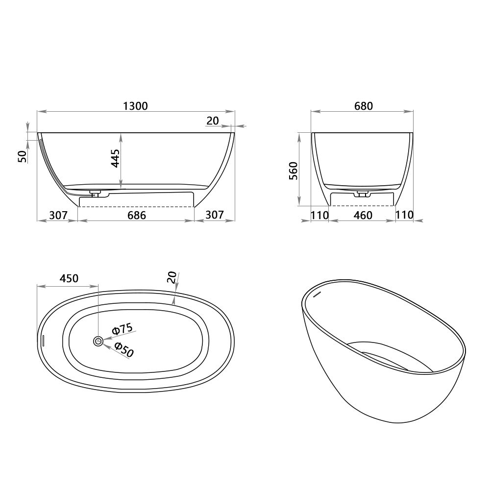 KT-8101 Oval Shape Solid Surface Matt White Freestanding Bathtub