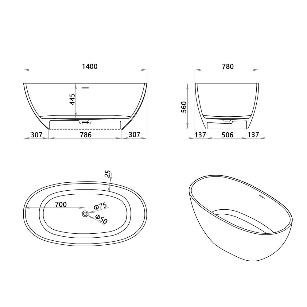 KT-8101 Oval Shape Solid Surface Matt White Freestanding Bathtub