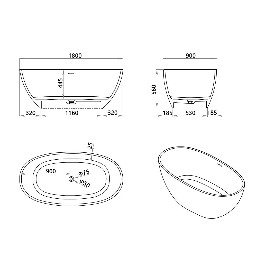 KT-8101 Oval Shape Solid Surface Matt White Freestanding Bathtub