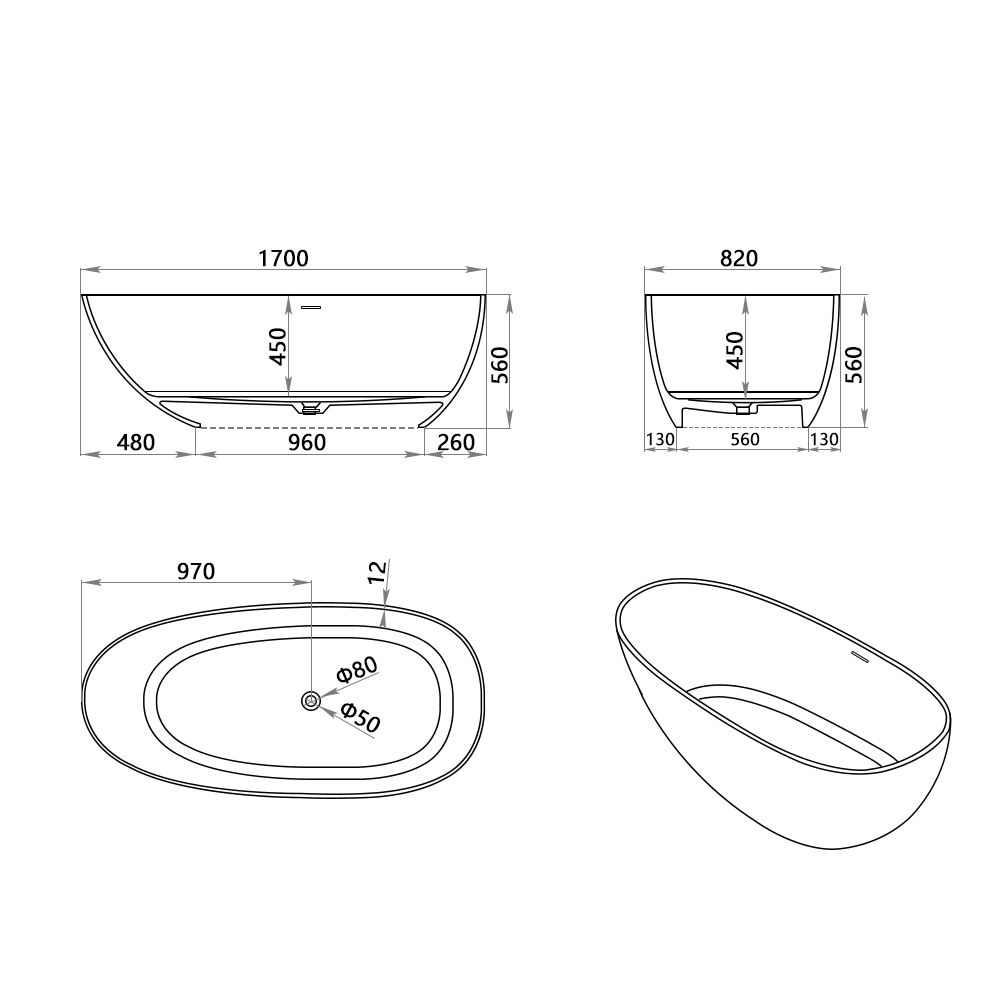 KT-8106 Egg Shape Slim Edge Built-in Overflow Solid Surface Tub