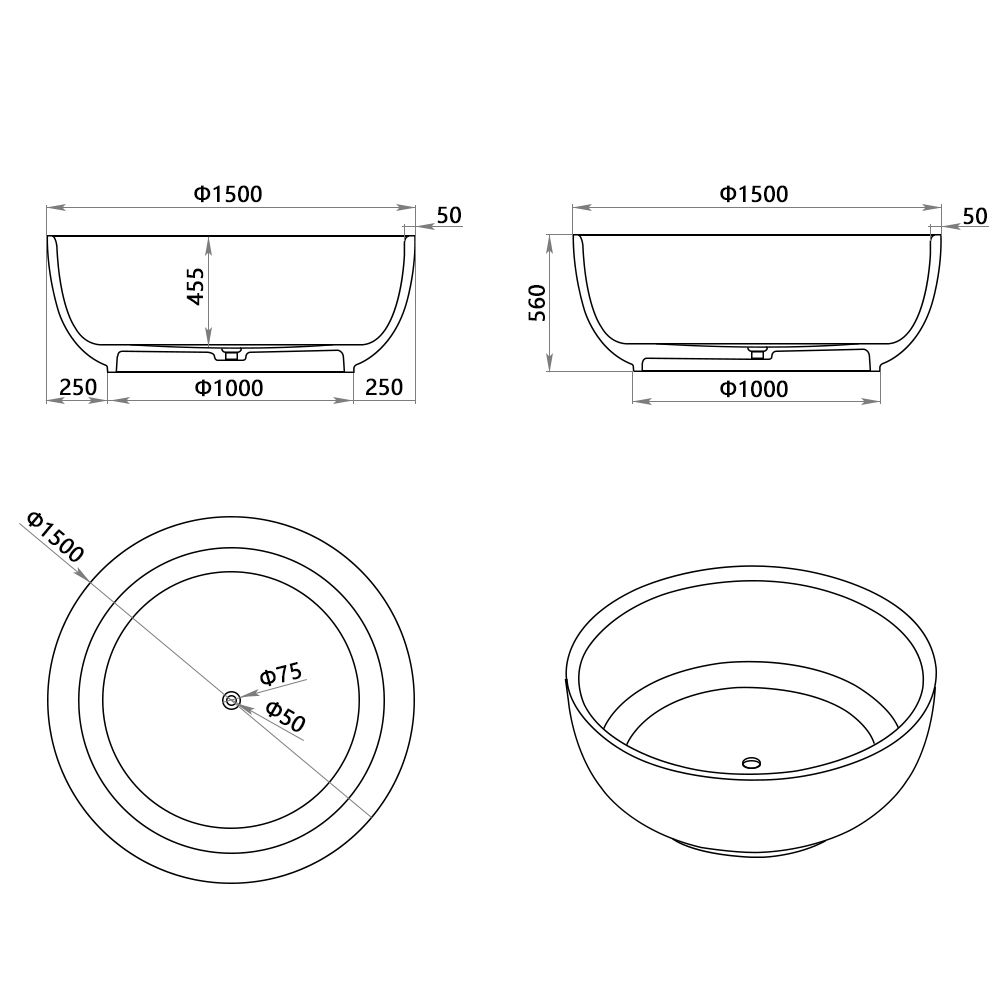 KT-8122 Artificial stone bathtubs Round Shape Soaking Bowl Tub