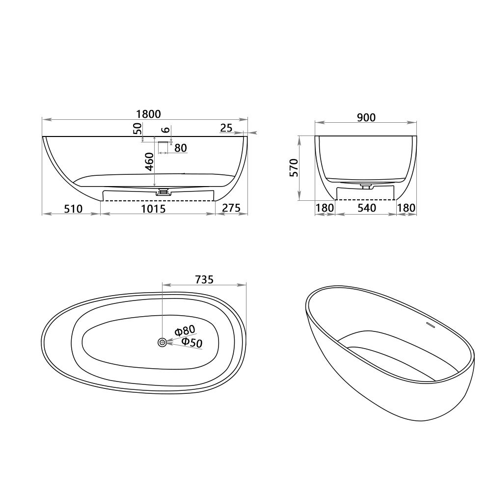 KT-8102 Egg Shape Solid Surface Baths Freestanding Soaking Baths