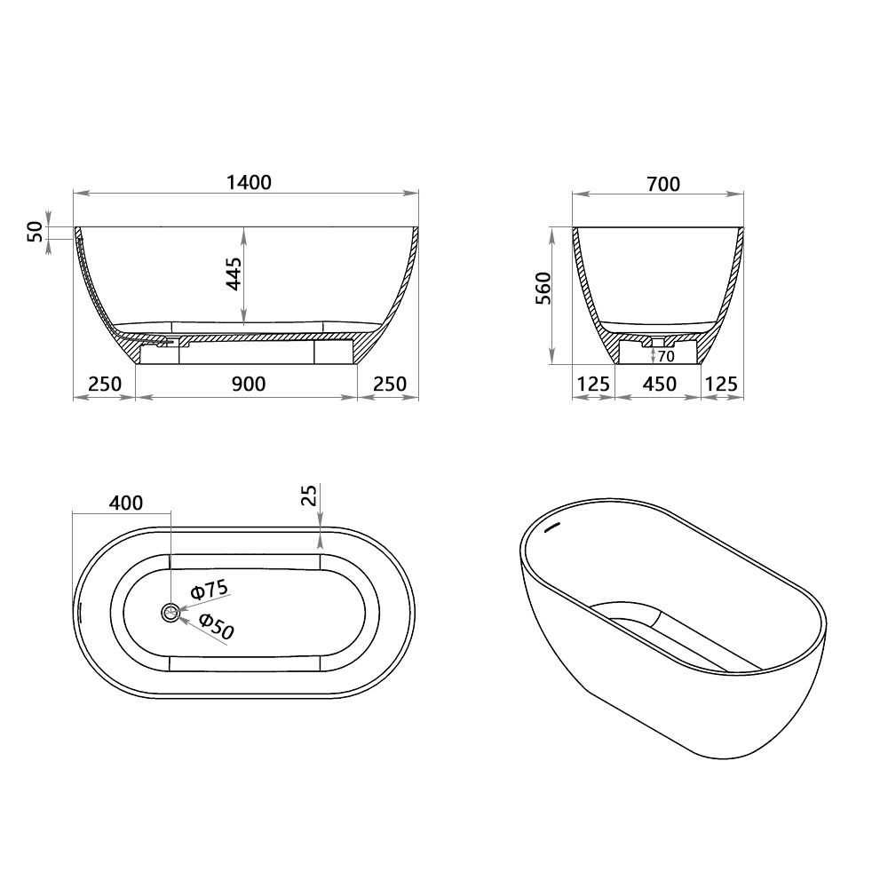 KT-8103 Capsule Shape Artificial Stone Solid Surface Freestanding Tub