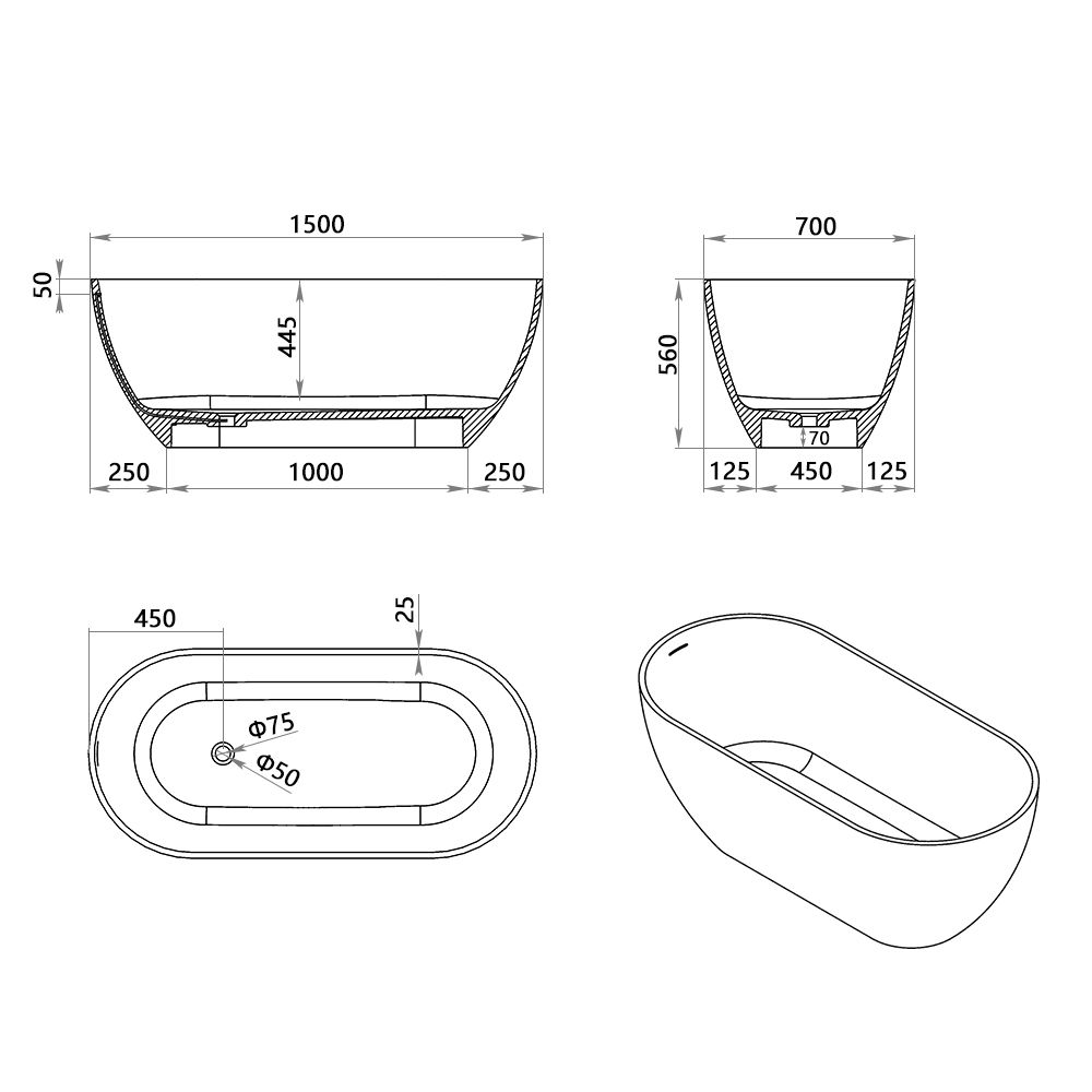 KT-8103 Capsule Shape Artificial Stone Solid Surface Freestanding Tub