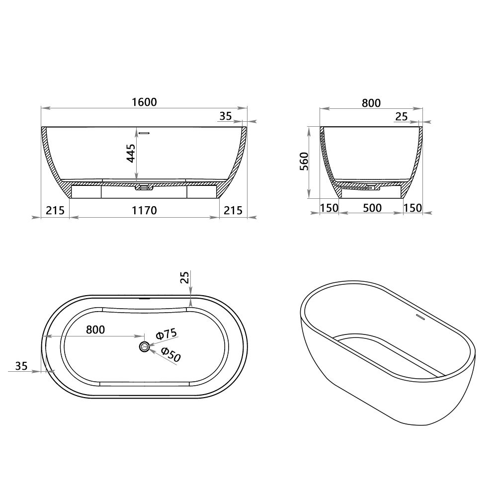 KT-8103 Capsule Shape Artificial Stone Solid Surface Freestanding Tub