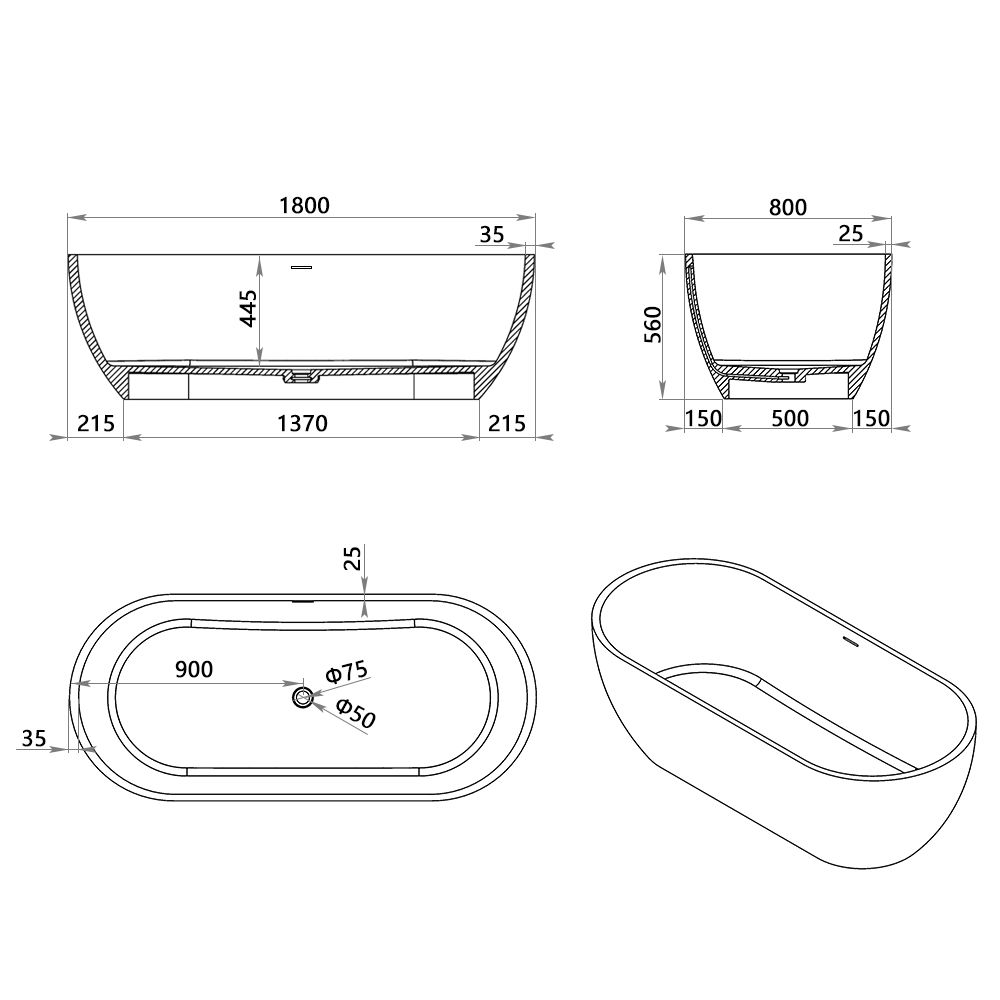 KT-8103 Capsule Shape Artificial Stone Solid Surface Freestanding Tub