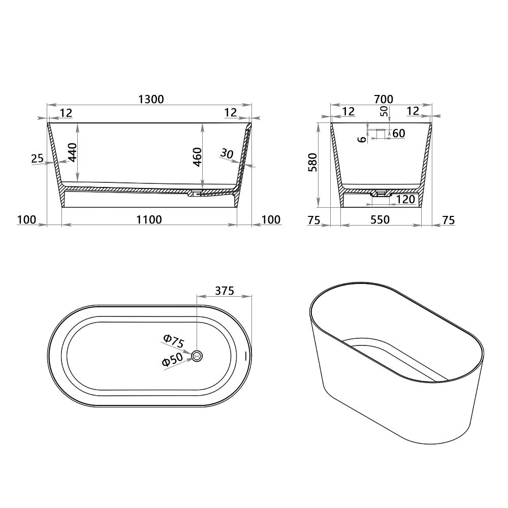 KT-8107 Racetrack Shape Resin Stone Freestanding Bathtub