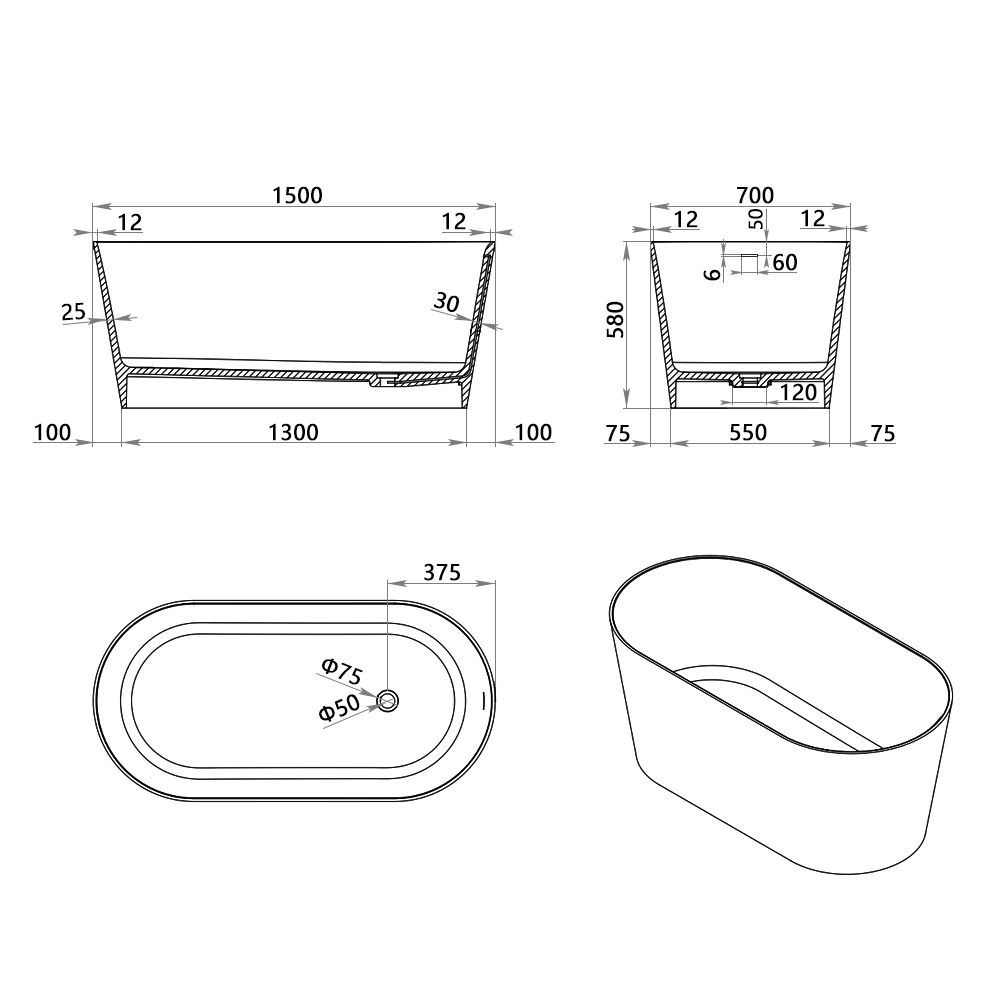 KT-8107 Racetrack Shape Resin Stone Freestanding Bathtub
