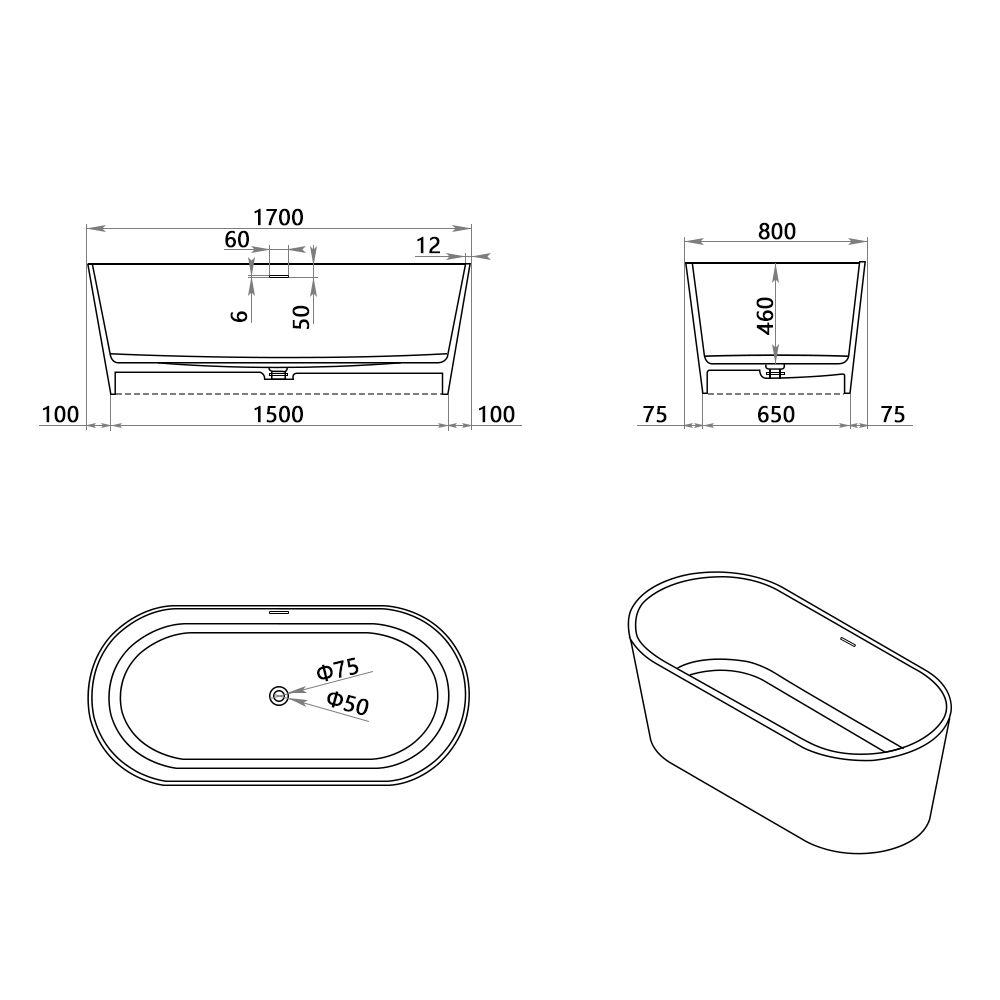 KT-8107 Racetrack Shape Resin Stone Freestanding Bathtub
