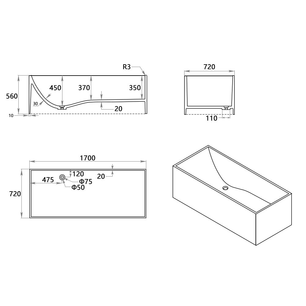 KT-8109 Rectangular Freestanding Tub Made From Solid Surface