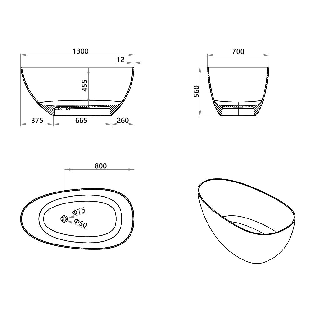 KT-8106 Egg Shape Slim Edge Built-in Overflow Solid Surface Tub