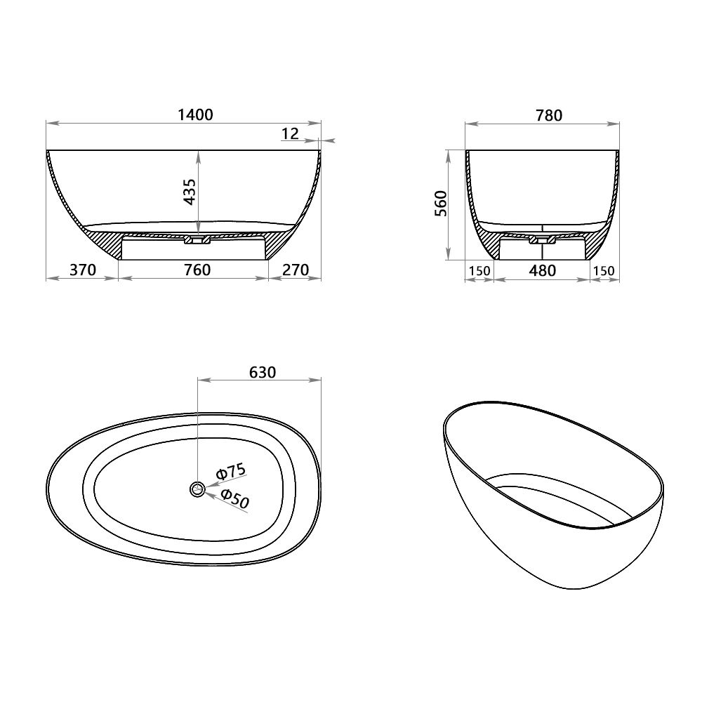 KT-8106 Egg Shape Slim Edge Built-in Overflow Solid Surface Tub