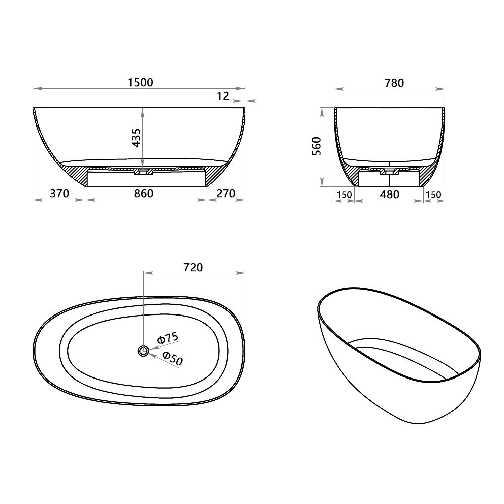 KT-8106 Egg Shape Slim Edge Built-in Overflow Solid Surface Tub
