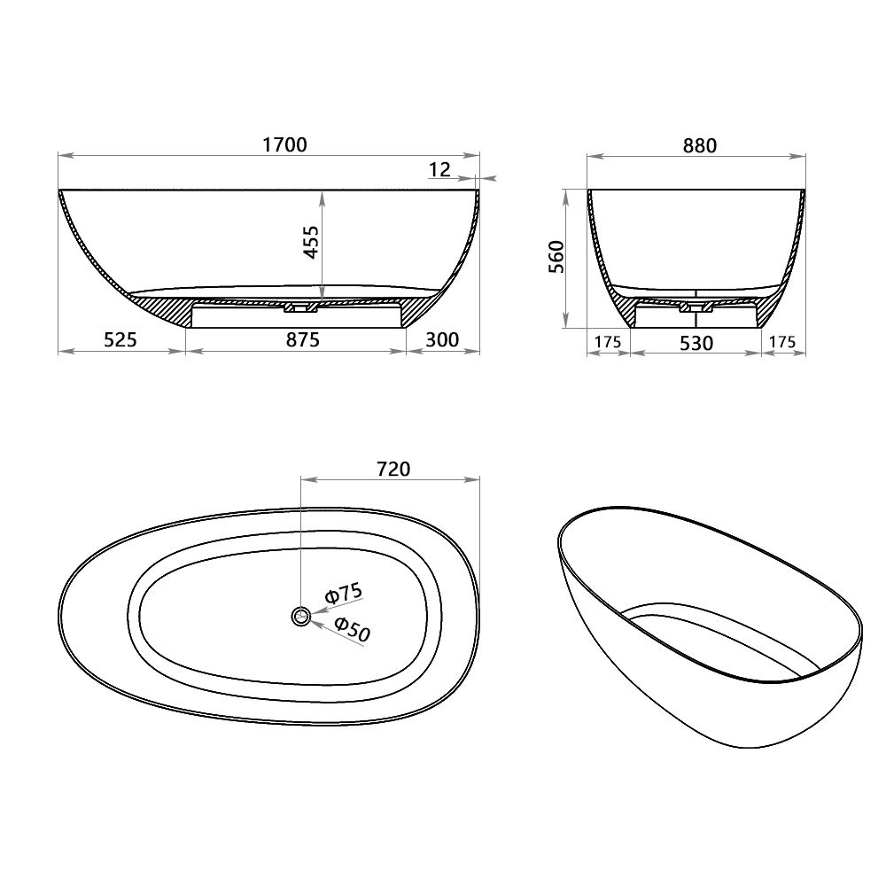 KT-8106 Egg Shape Slim Edge Built-in Overflow Solid Surface Tub