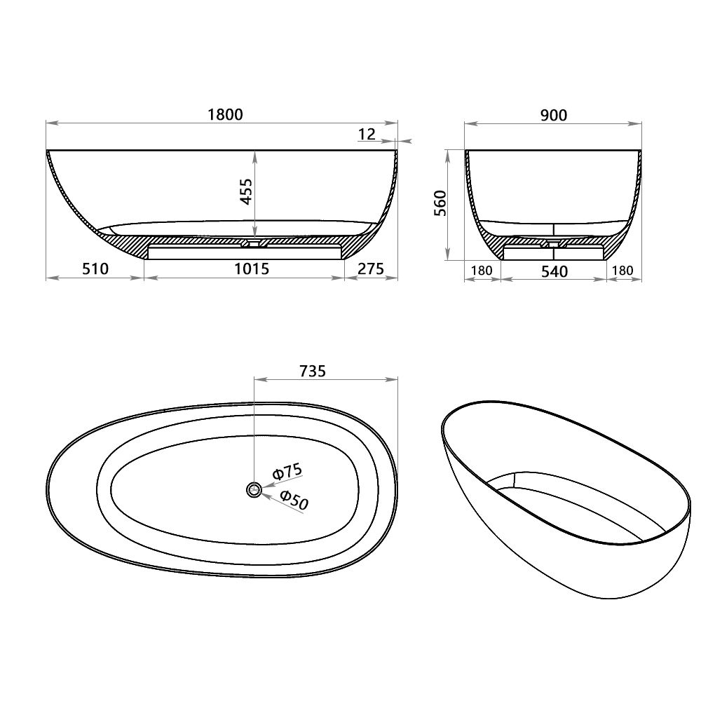 KT-8106 Egg Shape Slim Edge Built-in Overflow Solid Surface Tub