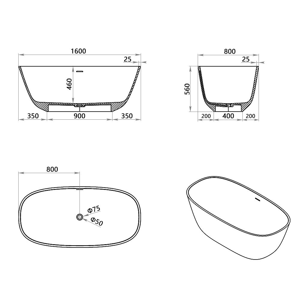 KT-8114 Artificial Stone Bathtubs Polymarble Freestanding Bathtub