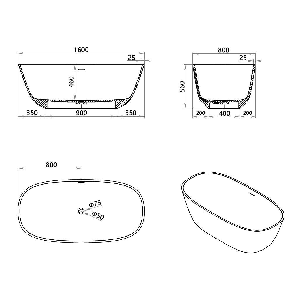 KT-8114 Artificial Stone Bathtubs Polymarble Freestanding Bathtub