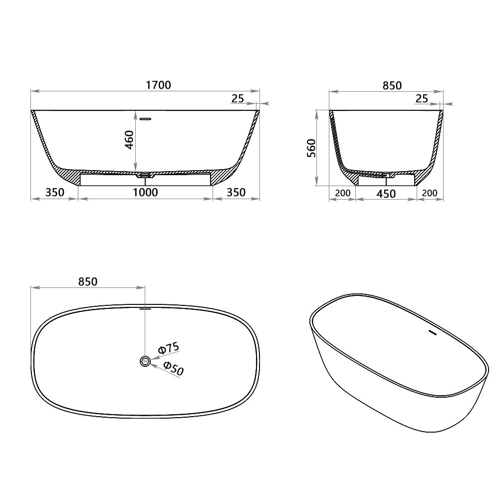 KT-8114 Artificial Stone Bathtubs Polymarble Freestanding Bathtub