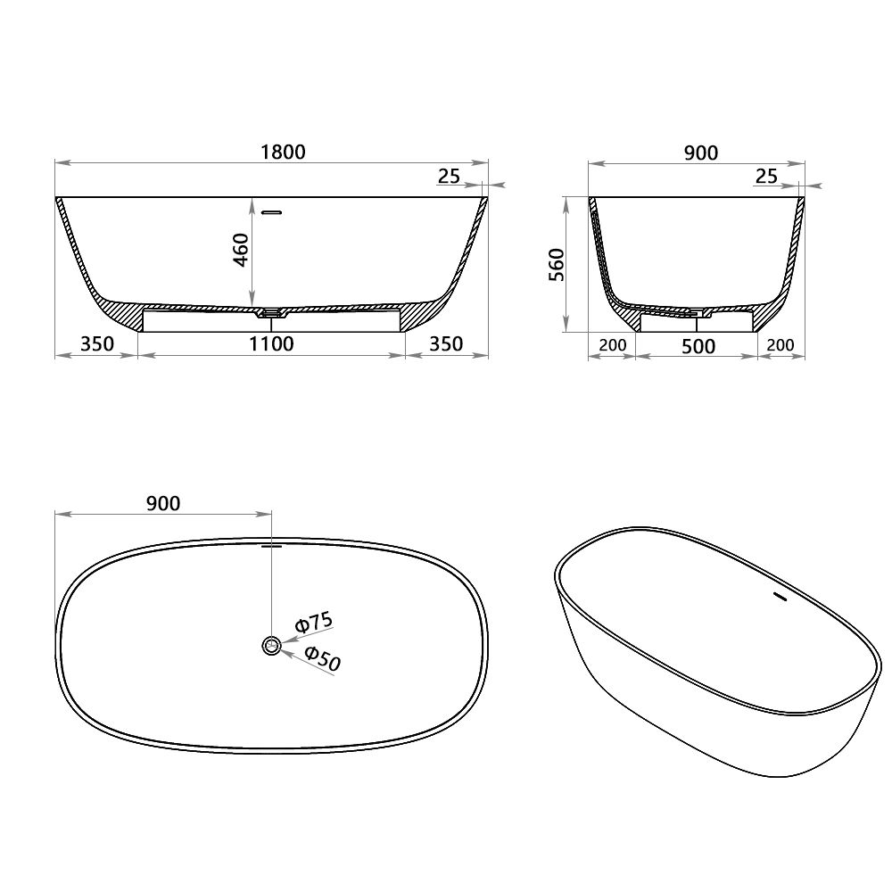 KT-8114 Artificial Stone Bathtubs Polymarble Freestanding Bathtub
