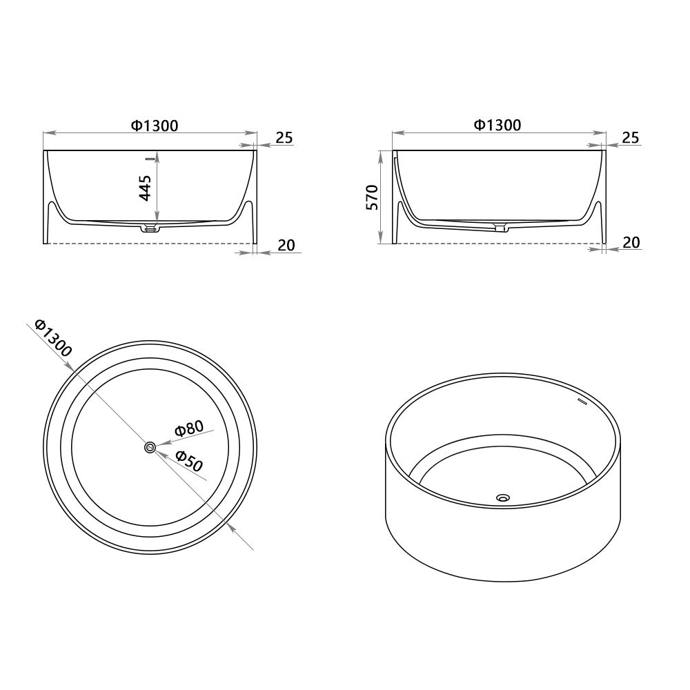 KT-8116 Round Tub Solid Surface Freestanding Bathtub Matte Finish