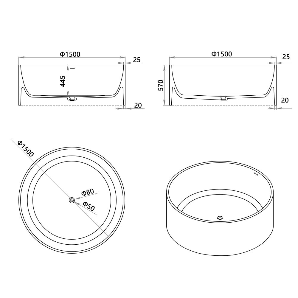KT-8116 Round Tub Solid Surface Freestanding Bathtub Matte Finish