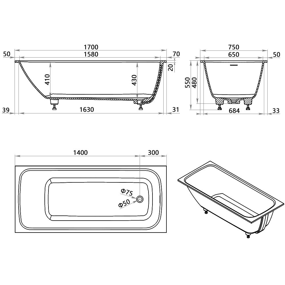 KT-8117 Solid Surface Tub Drop-in Bathtub Stone Resin Bathtub
