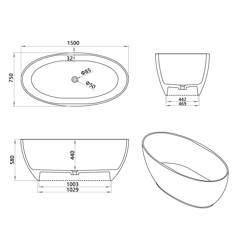 KT-8121 Olive Shaped Eco-friendly Solid Surface Soaking Tub