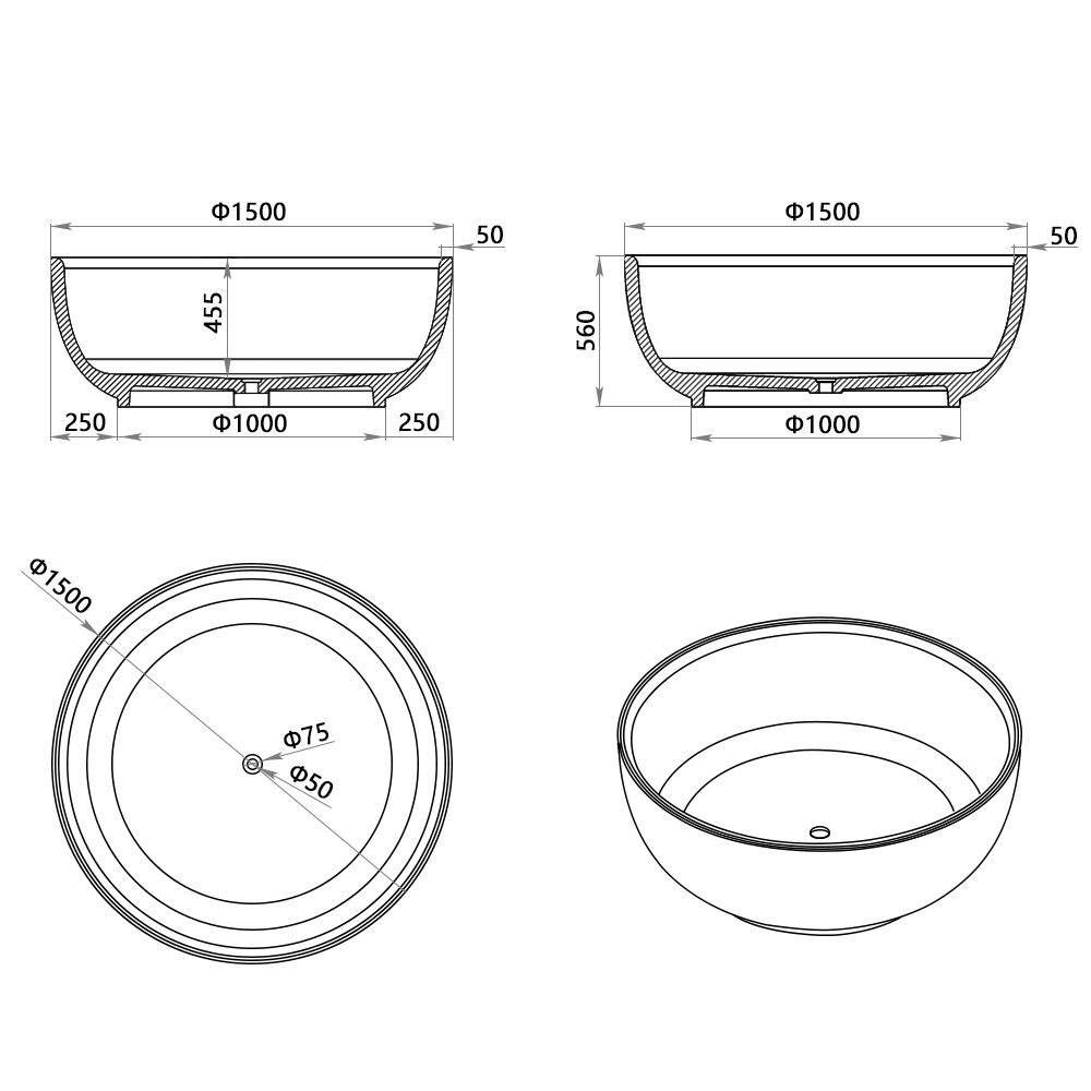 KT-8122 Artificial stone bathtubs Round Shape Soaking Bowl Tub