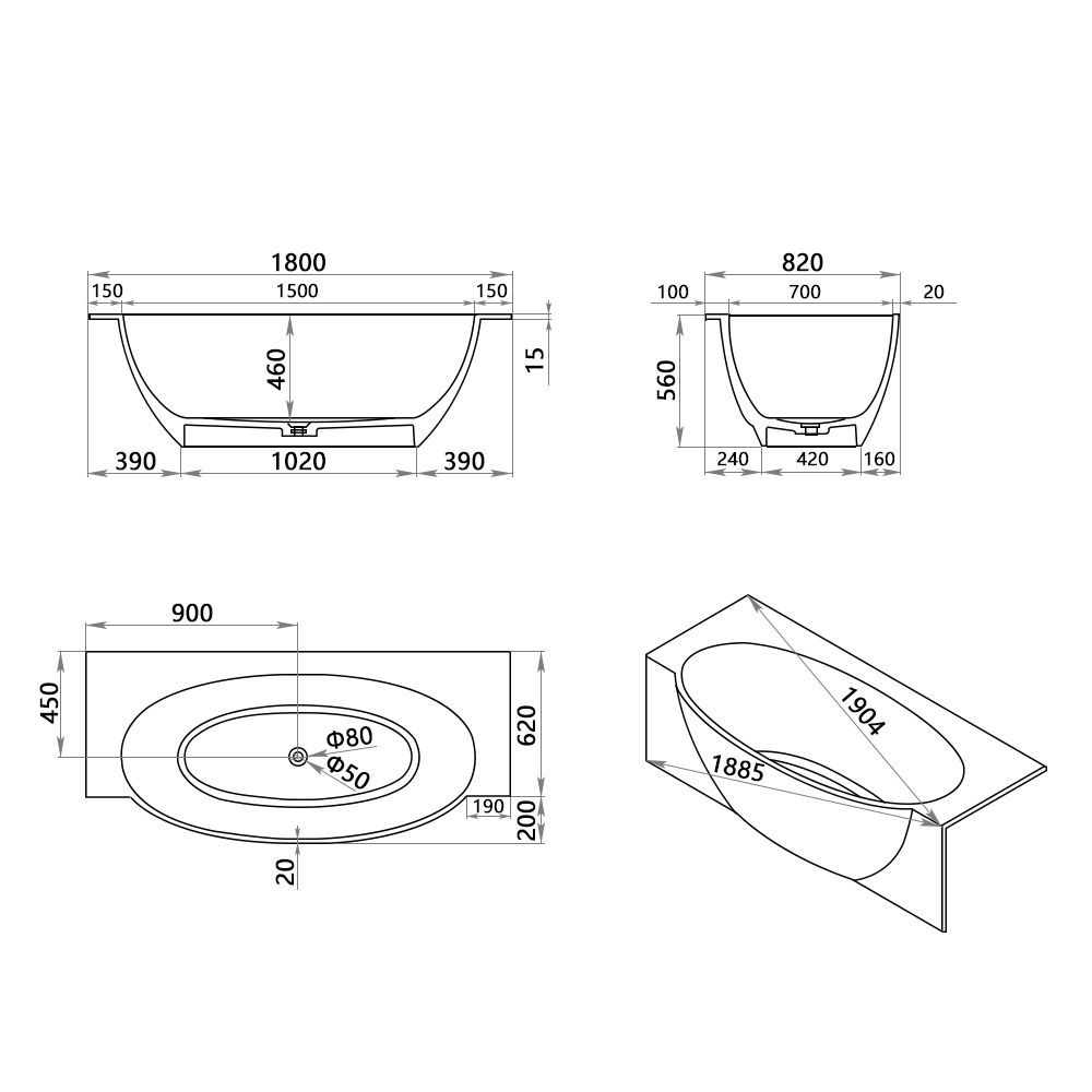 KT-8123 Stone Resin Back to Wall Bath Freestanding Alcove Bathtubs