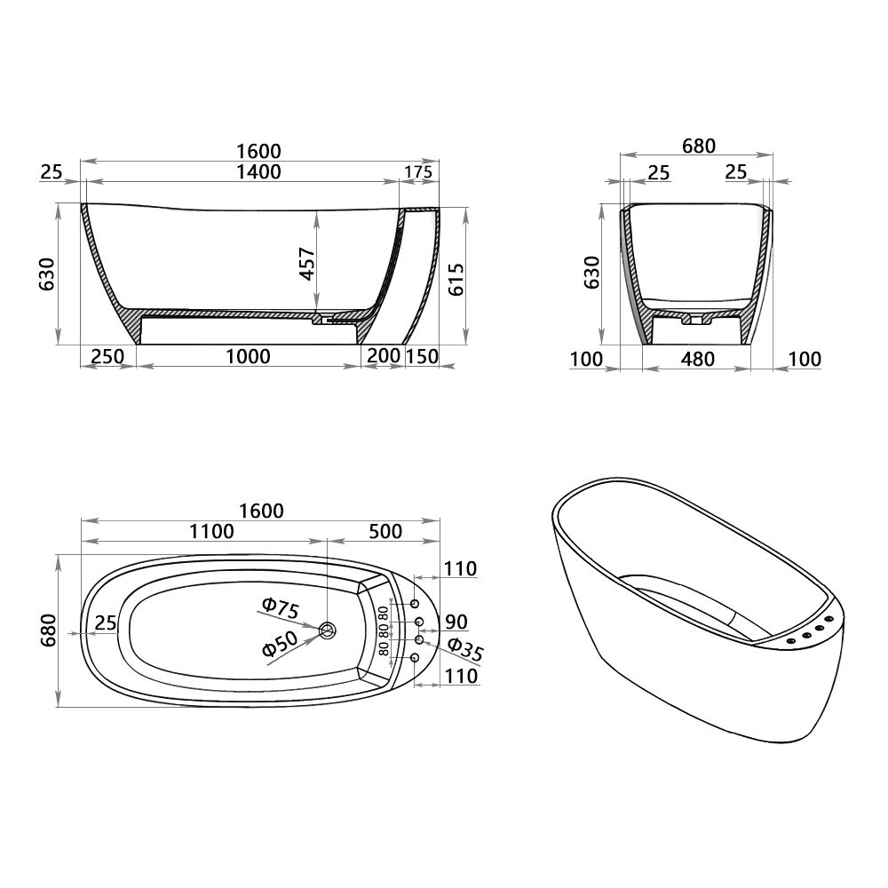 KT-8126 Modern Freestanding Resin Stone Soaking Tub with Shower