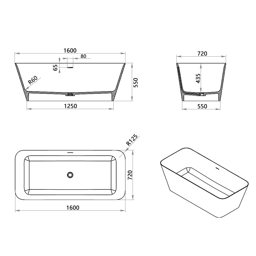 KT-8201 Resin Stone Rectangular Freestanding Tub With Curved Edge