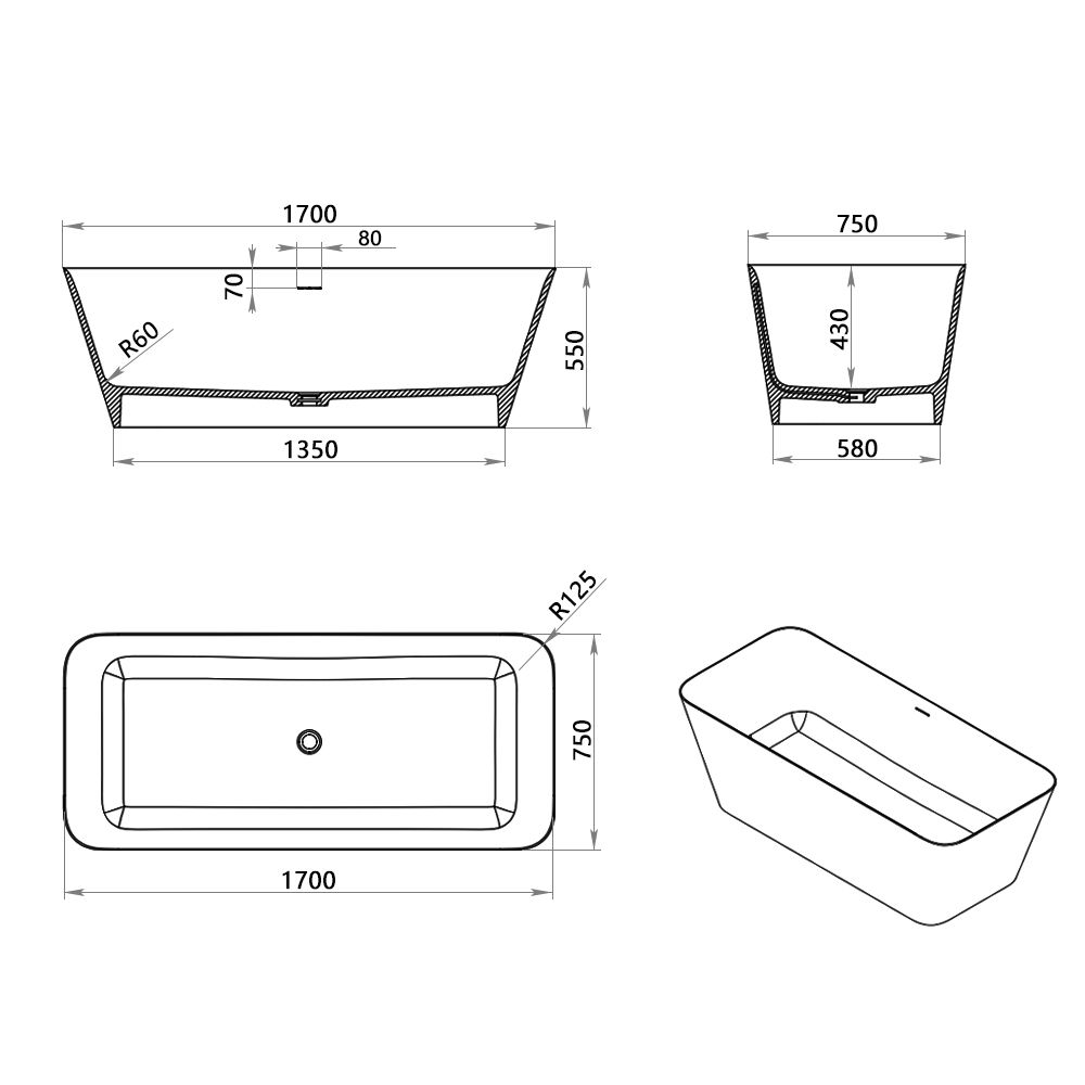 KT-8201 Resin Stone Rectangular Freestanding Tub With Curved Edge