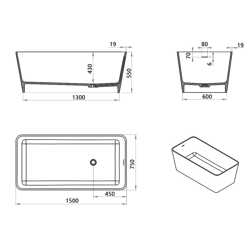 KT-8202 Stone Resin Freestanding Rectangular Soaking Tub
