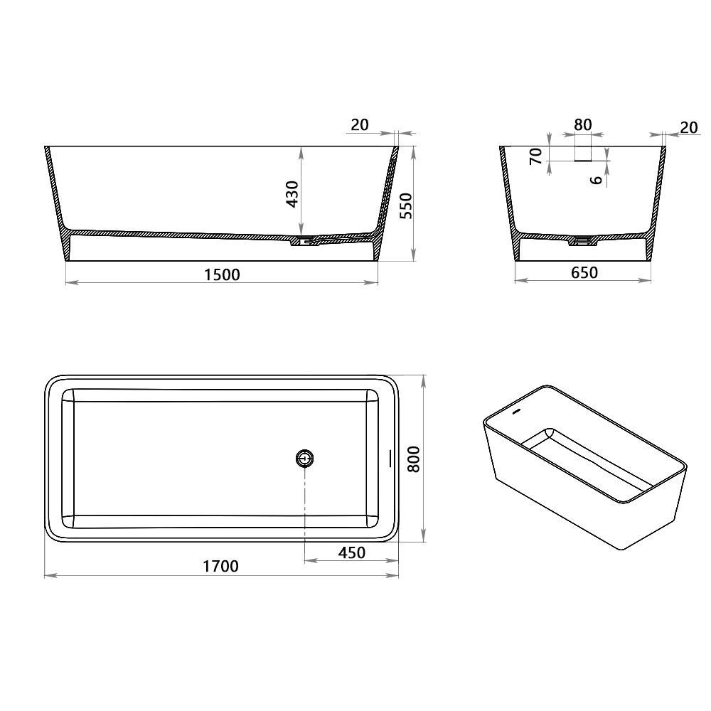 KT-8202 Stone Resin Freestanding Rectangular Soaking Tub