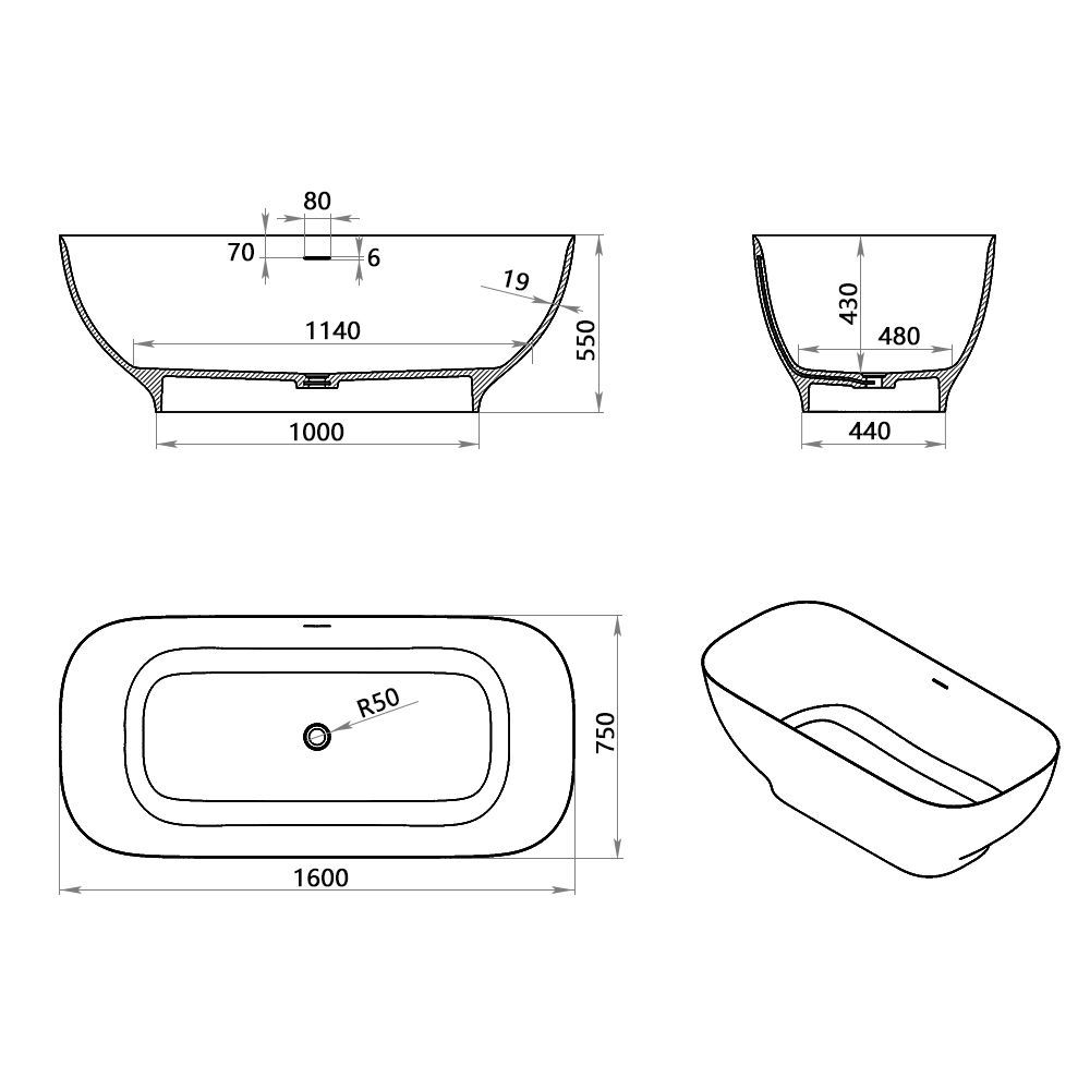 KT-8203 Solid Surface Soaking Tub Rectangular Soaking Tub