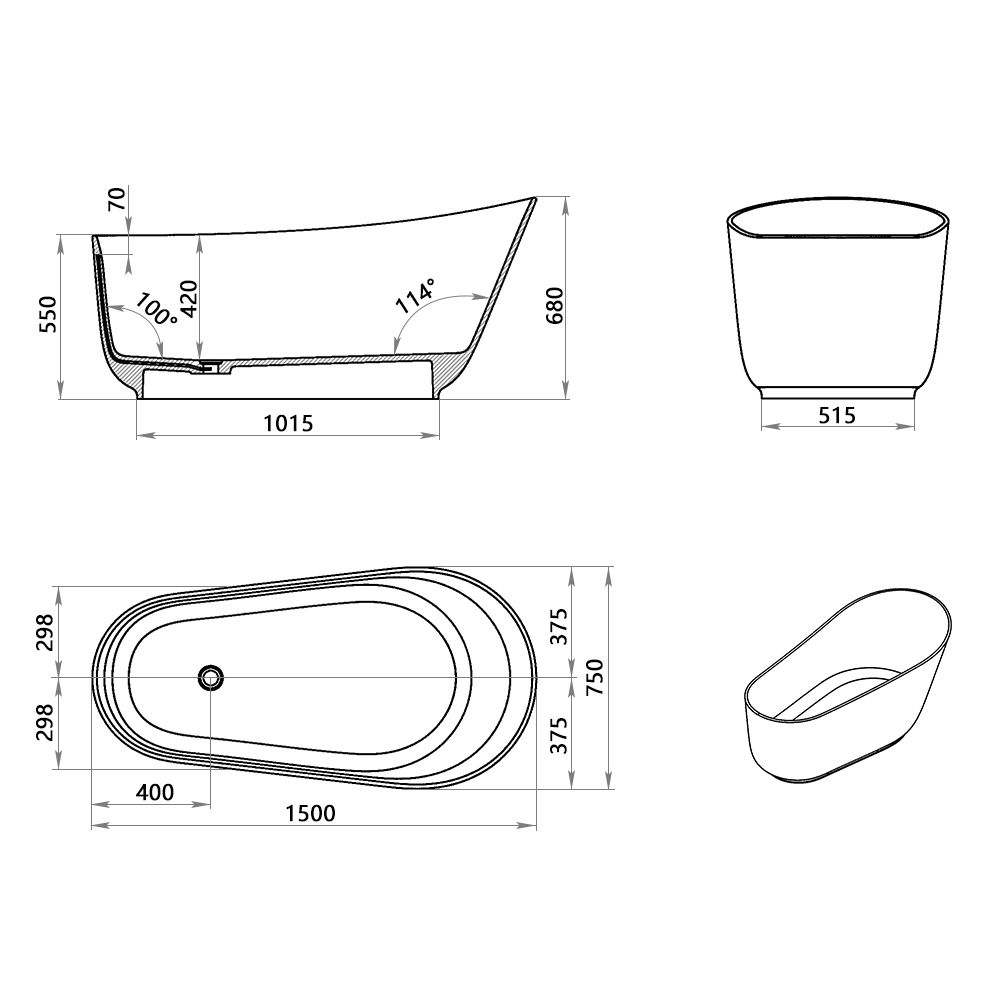 KT-8207 Stand Alone Bathtubs Solid Surface Freestanding Soaking Tub