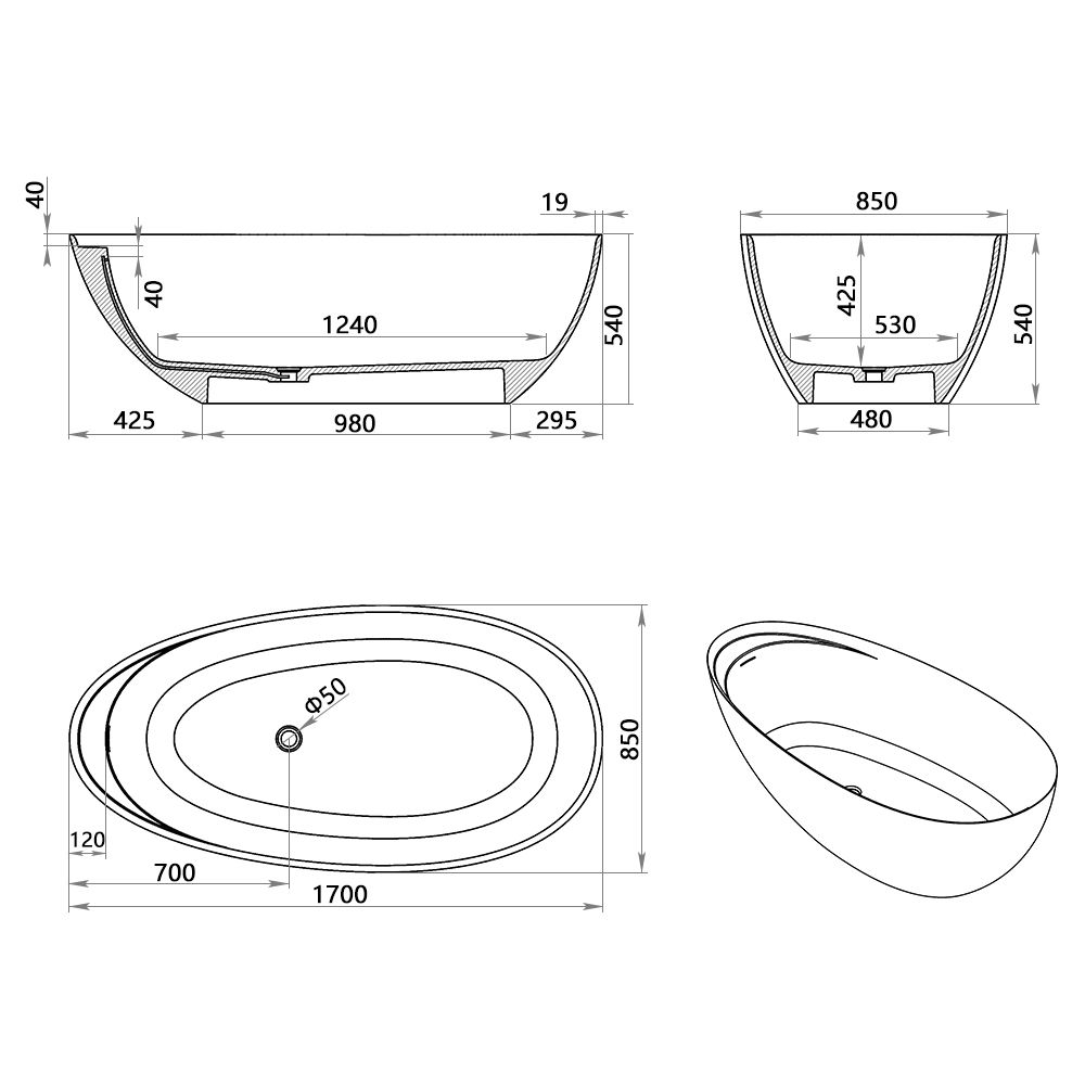 KT-8209 Egg Shape Stone Resin Freestanding Tub With Ledge