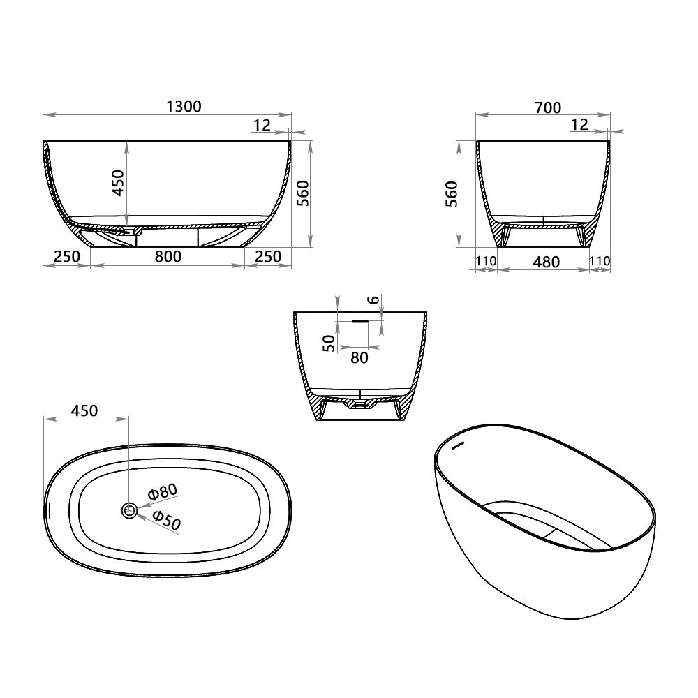 KT-8105 Oval Shape Slim Edge With Overflow Stone Resin Soaking Tub