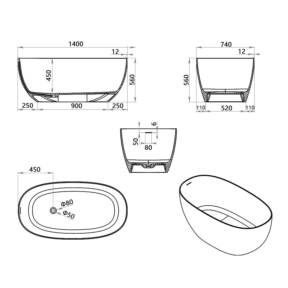KT-8105 Oval Shape Slim Edge With Overflow Stone Resin Soaking Tub