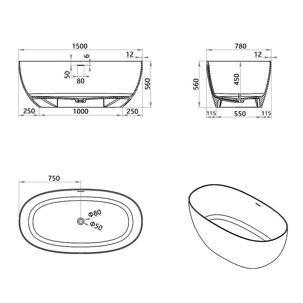 KT-8105 Oval Shape Slim Edge With Overflow Stone Resin Soaking Tub