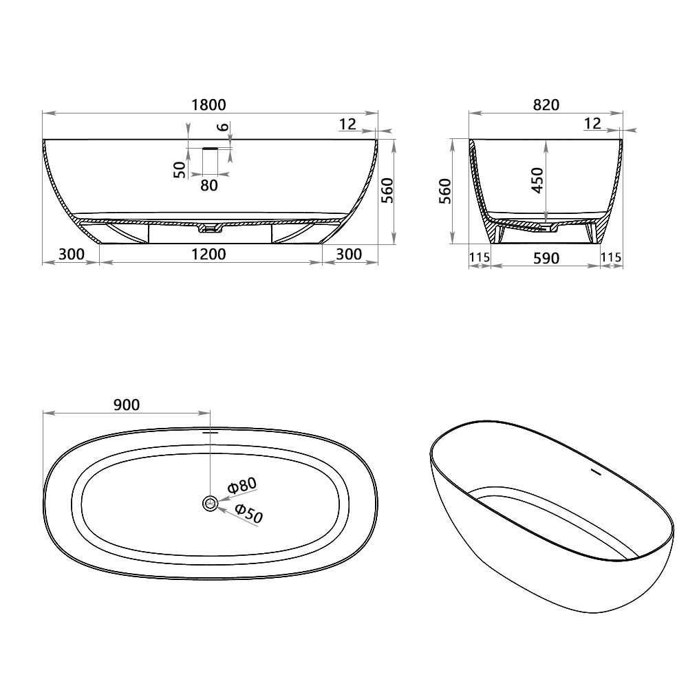 KT-8105 Oval Shape Slim Edge With Overflow Stone Resin Soaking Tub