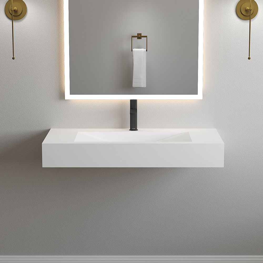 KT-W903 Wall Mounted White V-shape Drain Solid Surface Bathroom Sink