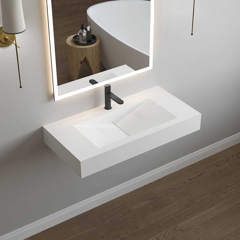 KT-W903 Wall Mounted White V-shape Drain Solid Surface Bathroom Sink