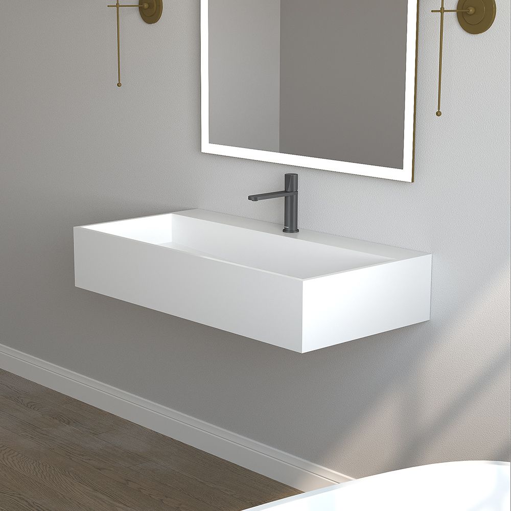 KT-W902 Hidden Drain Cover Seamless Solid Surface Floating Bathroom Sink