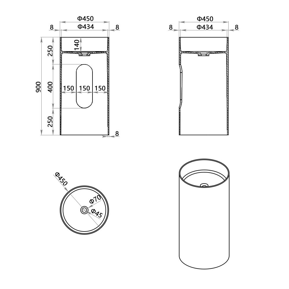 KT-6106 Resin Stone Cylinder Sink Circle Free Standing Basin