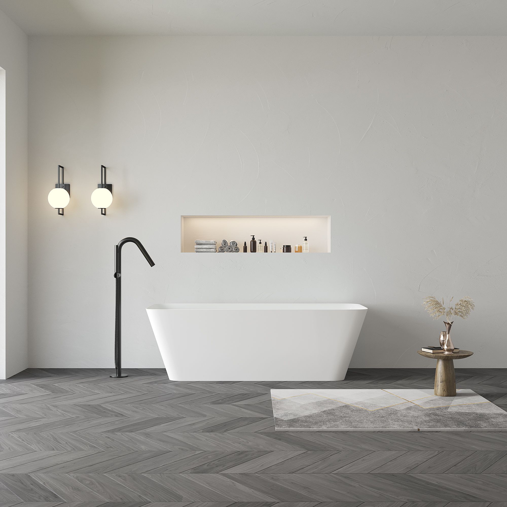 KT-8201 Resin Stone Rectangular Freestanding Tub With Curved Edge
