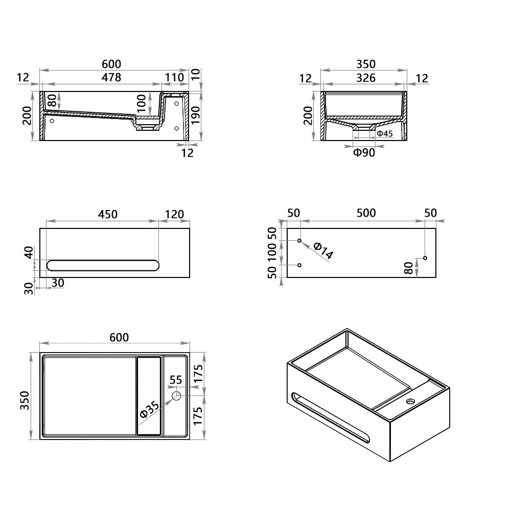 KT-W901 Integrated Towel Bar Design Wall Mounted Bathroom Sink