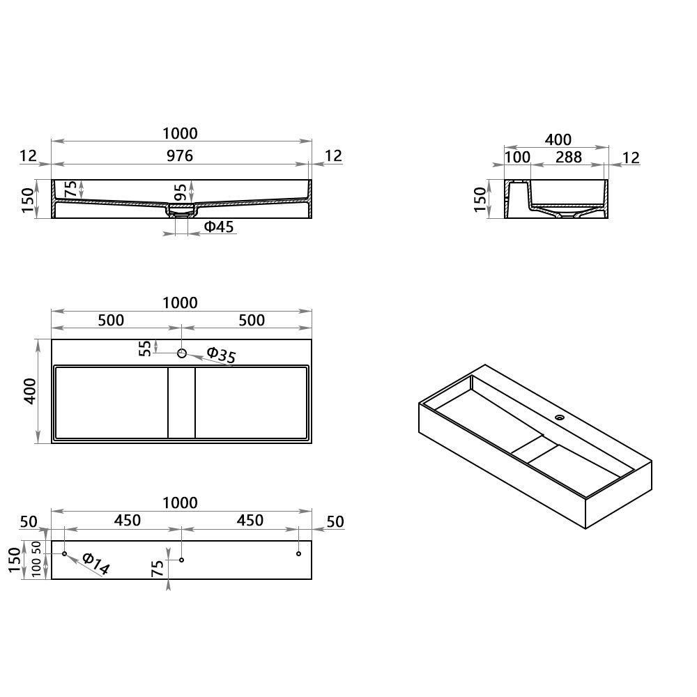 KT-W902 Hidden Drain Cover Seamless Solid Surface Floating Bathroom Sink